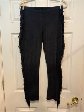 Topshop Black Faux Suede Fringe Leggings